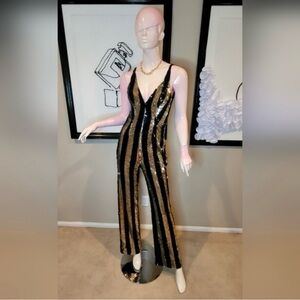 Dress the Population Black and Gold Charlie Striped Sequin Jumpsuit NWOT XS